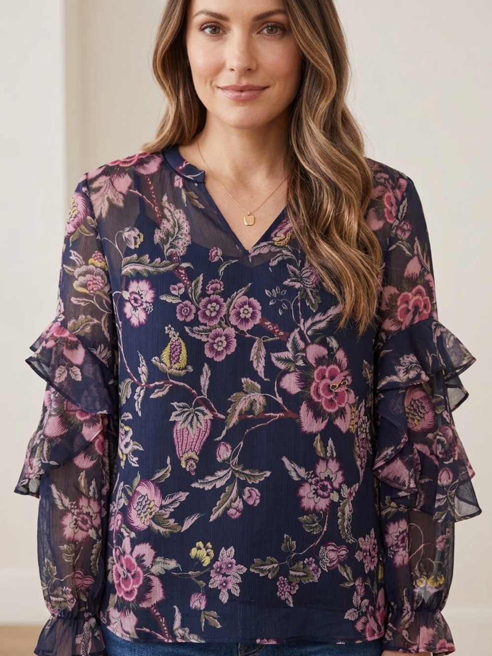 Chicos Floral Chiffon Ruffle Blouse and Camisole Womens Size Large